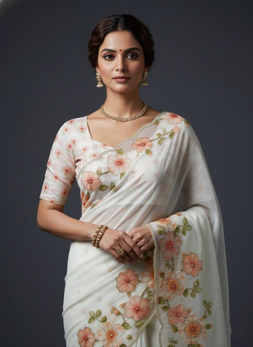 Evanik Soft Crystal Organza With Floral Print With Pearls And Pipe Hand Work Saree With Unstitched Blouse - Distacart