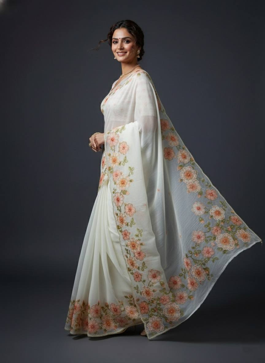 Evanik Soft Crystal Organza With Floral Print With Pearls And Pipe Hand Work Saree With Unstitched Blouse - Distacart