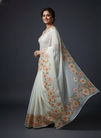 Evanik Soft Crystal Organza With Floral Print With Pearls And Pipe Hand Work Saree With Unstitched Blouse - Distacart