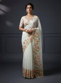 Evanik Soft Crystal Organza With Floral Print With Pearls And Pipe Hand Work Saree With Unstitched Blouse - Distacart