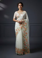 Evanik Soft Crystal Organza With Floral Print With Pearls And Pipe Hand Work Saree With Unstitched Blouse - Distacart