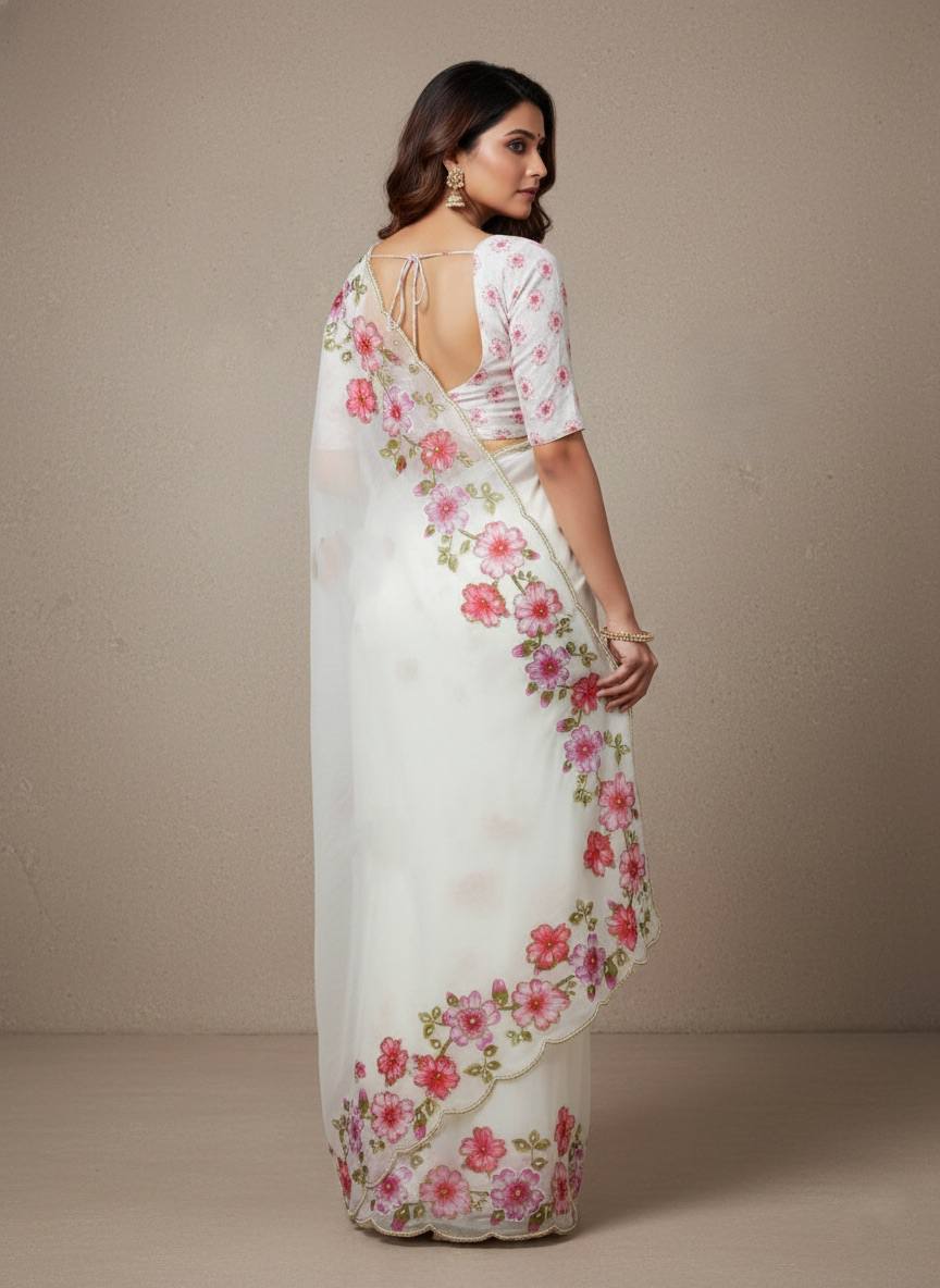 Evanik Soft Crystal Organza With Floral Print With Pearls And Pipe Hand Work Saree With Unstitched Blouse - Distacart
