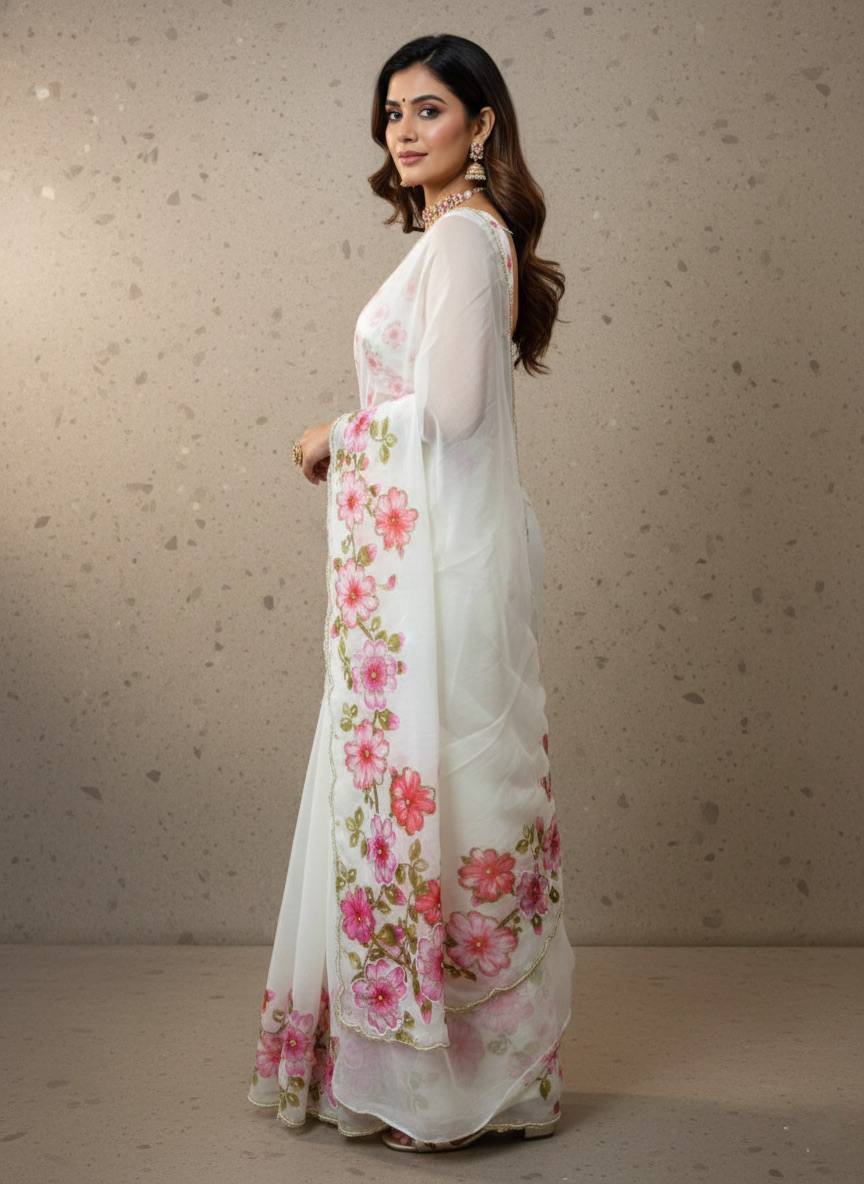 Evanik Soft Crystal Organza With Floral Print With Pearls And Pipe Hand Work Saree With Unstitched Blouse - Distacart
