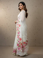 Evanik Soft Crystal Organza With Floral Print With Pearls And Pipe Hand Work Saree With Unstitched Blouse - Distacart