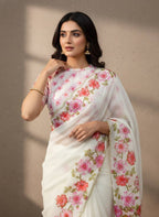 Evanik Soft Crystal Organza With Floral Print With Pearls And Pipe Hand Work Saree With Unstitched Blouse - Distacart