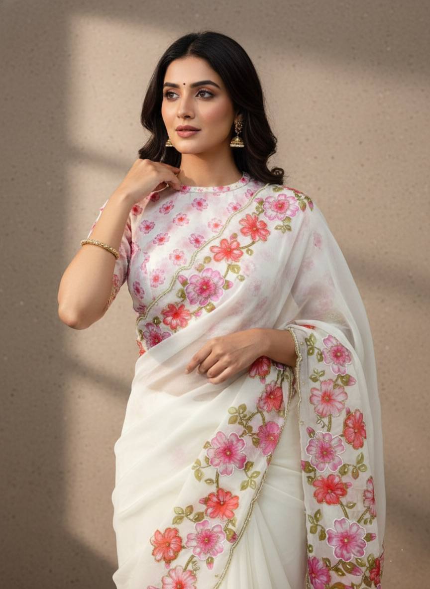 Evanik Soft Crystal Organza With Floral Print With Pearls And Pipe Hand Work Saree With Unstitched Blouse - Distacart