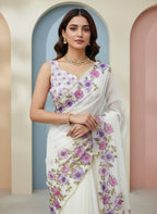 Evanik Soft Crystal Organza With Floral Print With Pearls And Pipe Hand Work Saree With Unstitched Blouse - Distacart