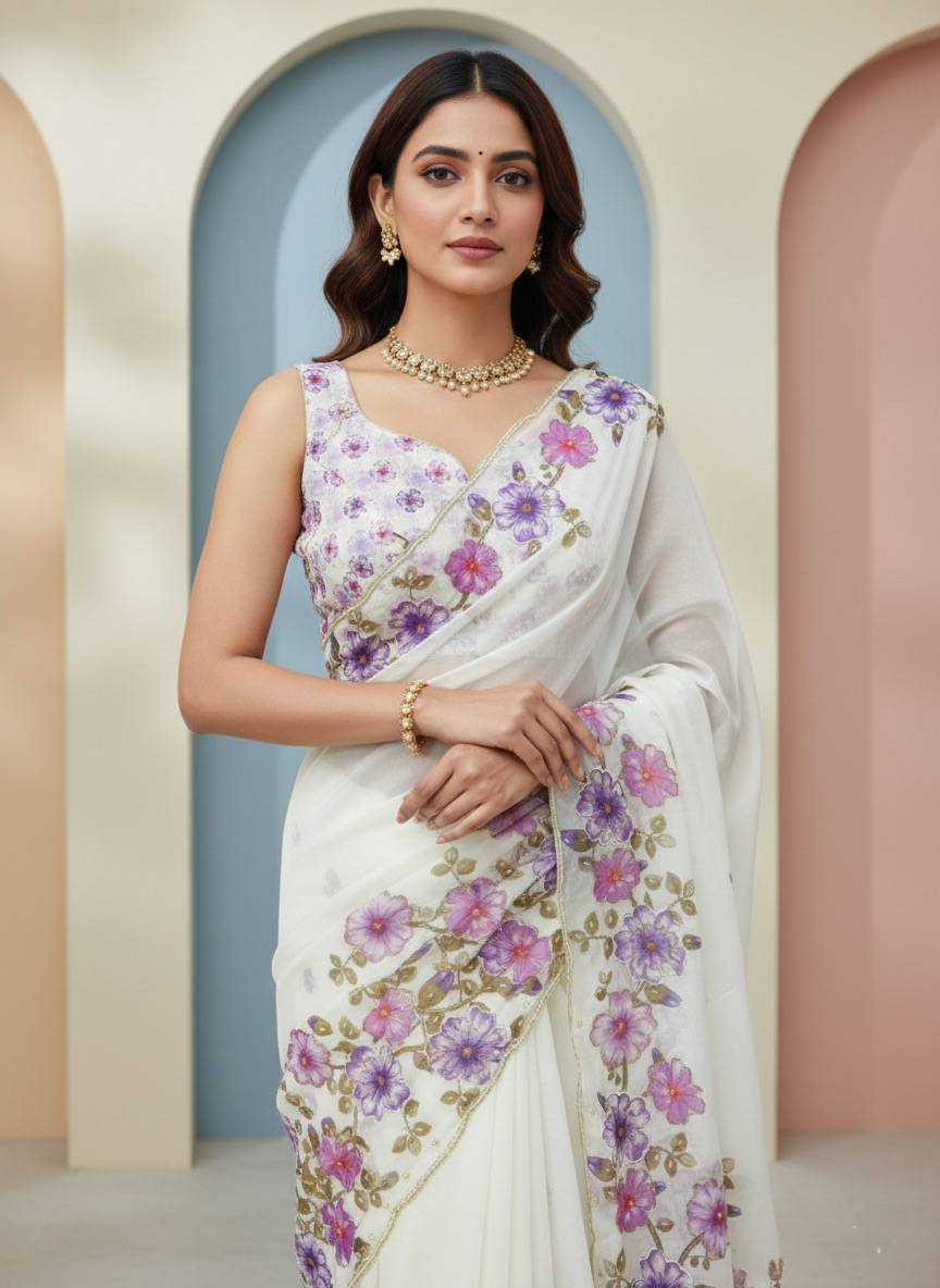 Evanik Soft Crystal Organza With Floral Print With Pearls And Pipe Hand Work Saree With Unstitched Blouse - Distacart