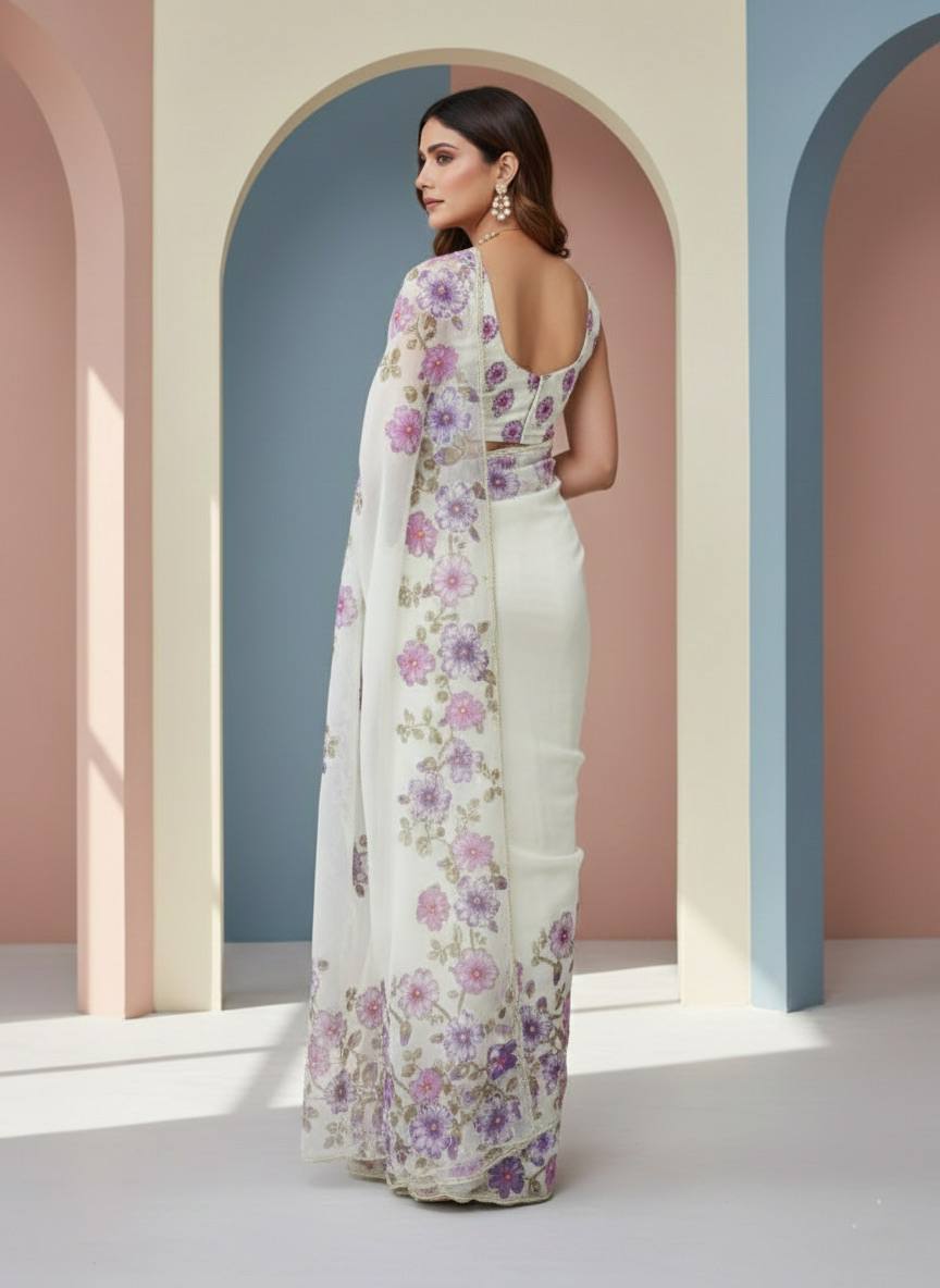Evanik Soft Crystal Organza With Floral Print With Pearls And Pipe Hand Work Saree With Unstitched Blouse - Distacart
