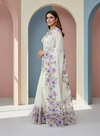 Evanik Soft Crystal Organza With Floral Print With Pearls And Pipe Hand Work Saree With Unstitched Blouse - Distacart