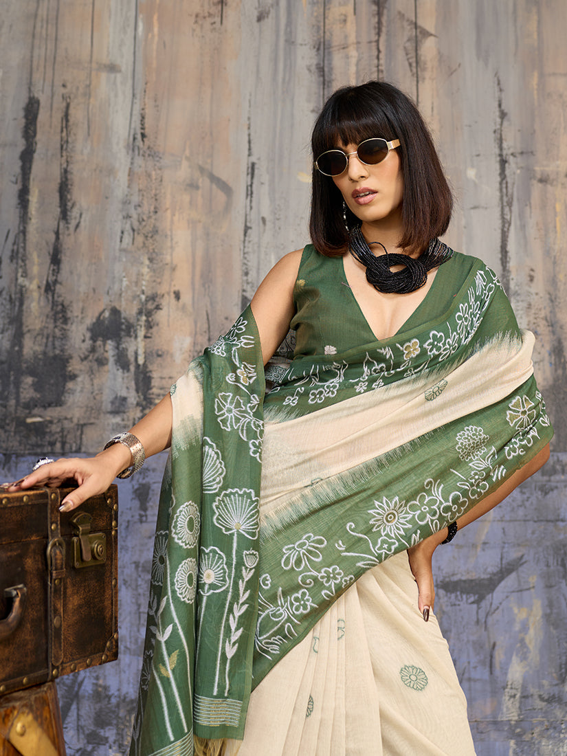 Monjolika Fashion Cotton Blend Cream & Olive Green Saree - Distacart