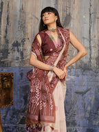 Monjolika Fashion Cotton Blend Cream & Brown Saree - Distacart