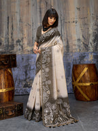 Monjolika Fashion Cotton Blend Cream & Black Saree - Distacart