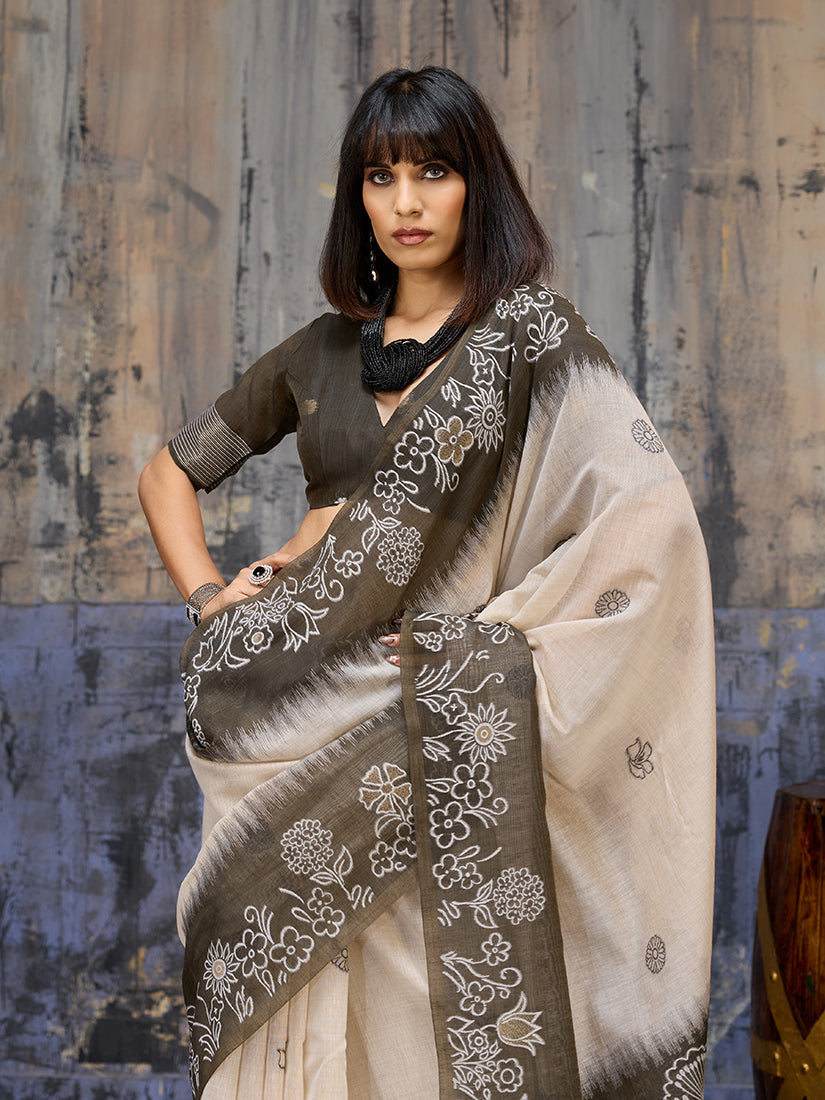 Monjolika Fashion Cotton Blend Cream & Black Saree - Distacart