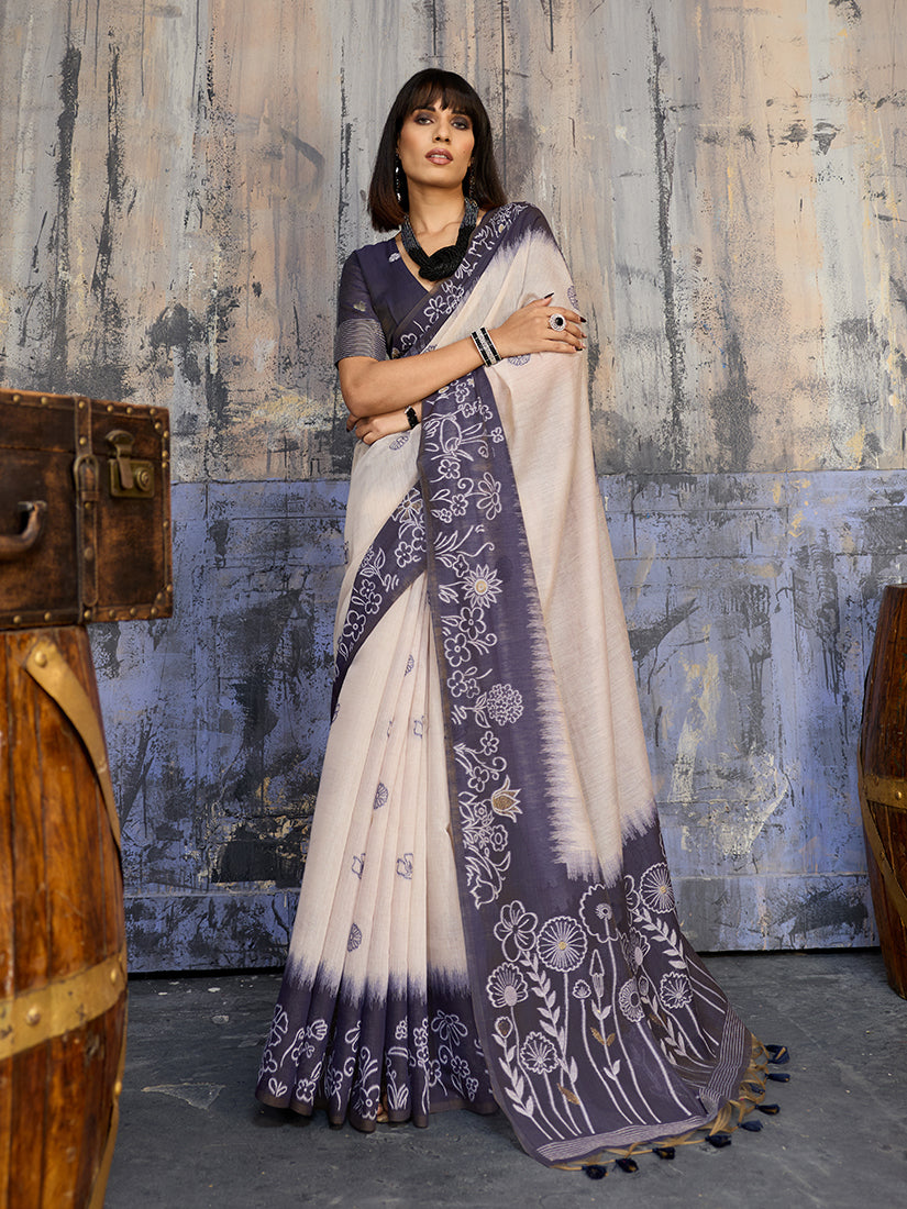 Monjolika Fashion Cotton Blend Cream & Navy Blue Saree - Distacart