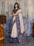 Monjolika Fashion Cotton Blend Cream & Navy Blue Saree - Distacart
