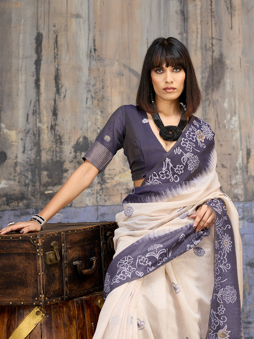 Monjolika Fashion Cotton Blend Cream & Navy Blue Saree - Distacart