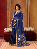 Monjolika Fashion Navy Blue Silk Blend woven Work Saree - Distacart