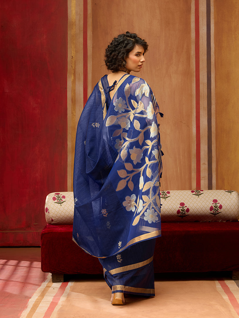 Monjolika Fashion Navy Blue Silk Blend woven Work Saree - Distacart