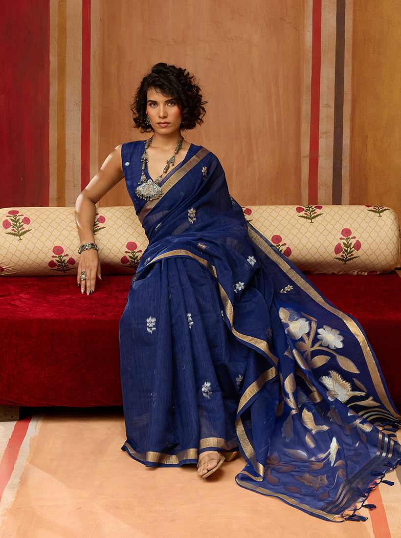 Monjolika Fashion Navy Blue Silk Blend woven Work Saree - Distacart