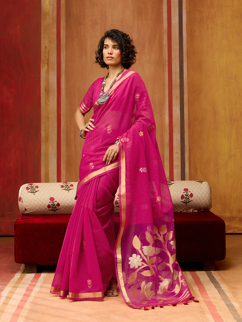 Monjolika Fashion Rani Pink Silk Blend woven Work Saree - Distacart