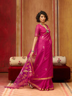 Monjolika Fashion Rani Pink Silk Blend woven Work Saree - Distacart