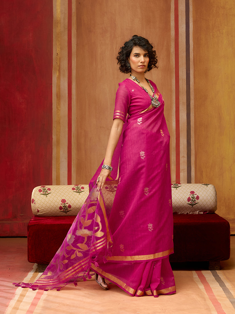 Monjolika Fashion Rani Pink Silk Blend woven Work Saree - Distacart