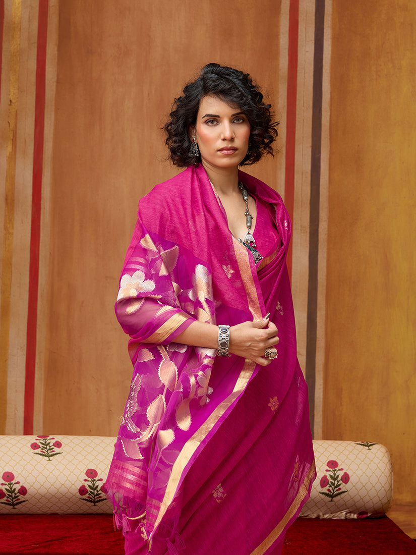 Monjolika Fashion Rani Pink Silk Blend woven Work Saree - Distacart