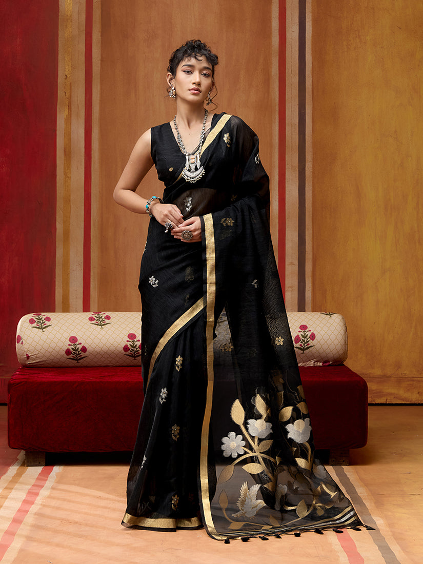 Monjolika Fashion Black Silk Blend woven Work Saree - Distacart