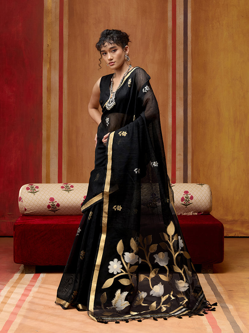 Monjolika Fashion Black Silk Blend woven Work Saree - Distacart