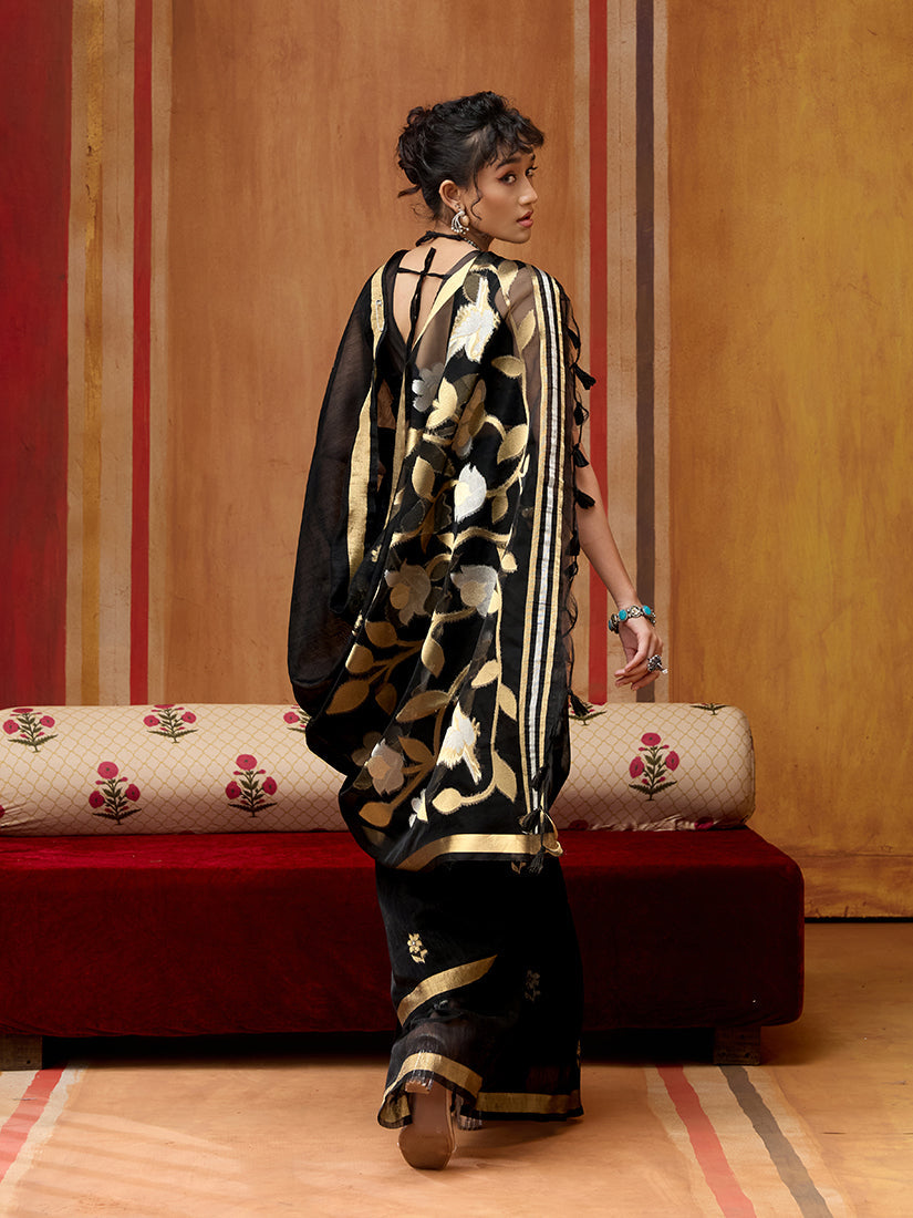 Monjolika Fashion Black Silk Blend woven Work Saree - Distacart