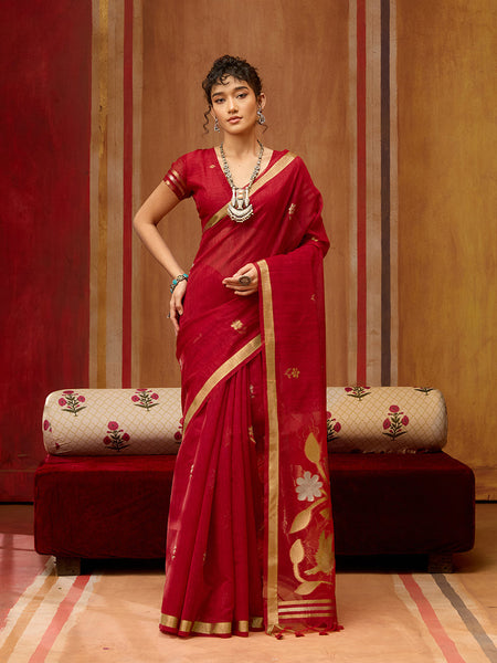 Monjolika Fashion Red Silk Blend woven Work Saree