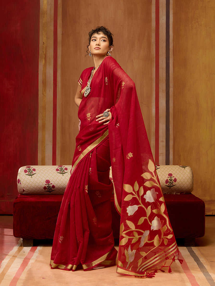 Monjolika Fashion Red Silk Blend woven Work Saree - Distacart