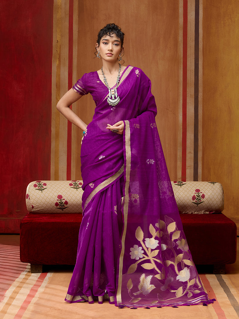 Monjolika Fashion Purple Silk Blend woven Work Saree - Distacart
