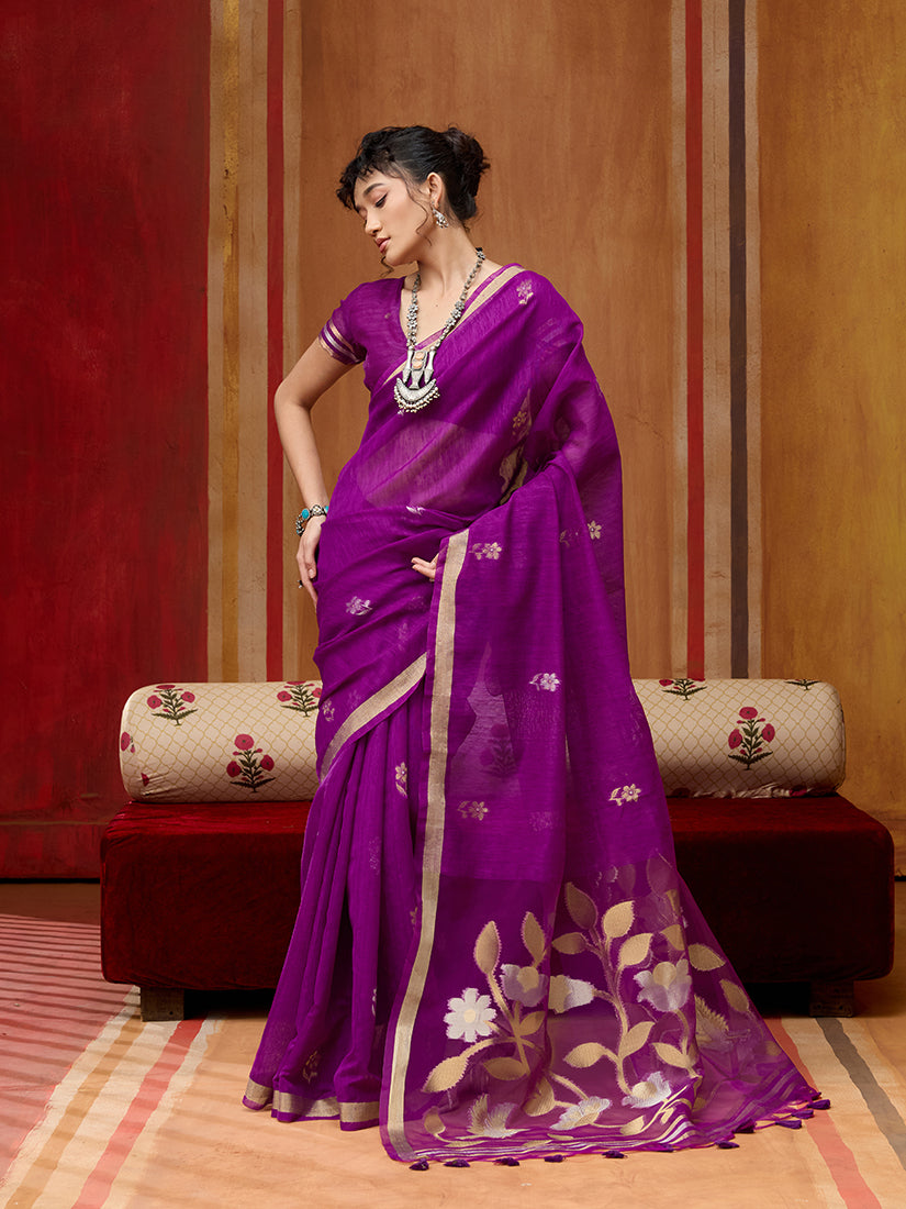 Monjolika Fashion Purple Silk Blend woven Work Saree - Distacart