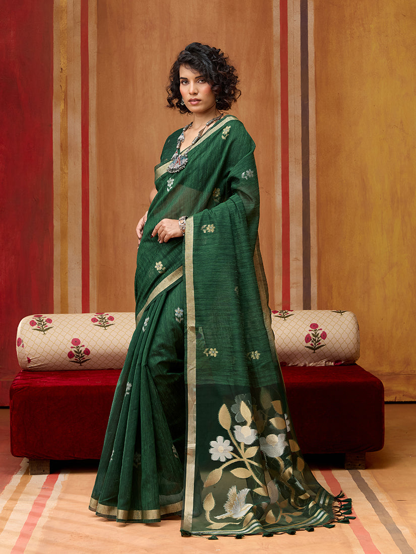 Monjolika Fashion Dark Green Silk Blend woven Work Saree - Distacart
