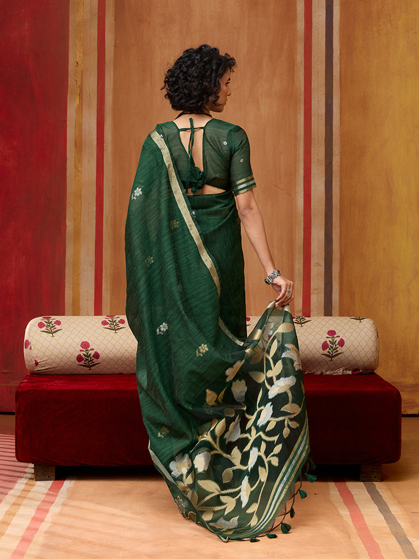 Monjolika Fashion Dark Green Silk Blend woven Work Saree - Distacart