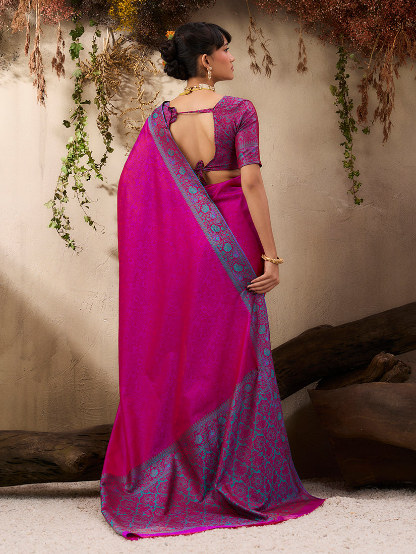 Monjolika Fashion Rani Pink woven Kanjivaram Silk Blend Saree - Distacart