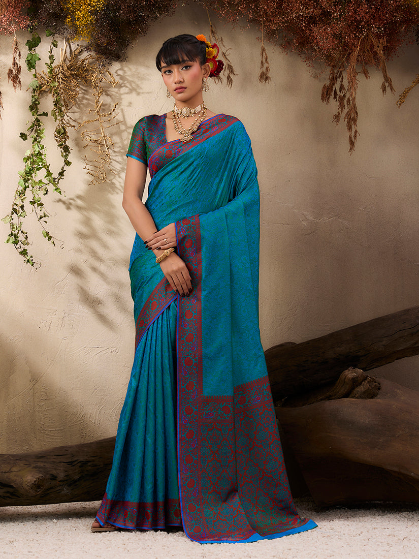 Monjolika Fashion Teal Blue woven Kanjivaram Silk Blend Saree - Distacart