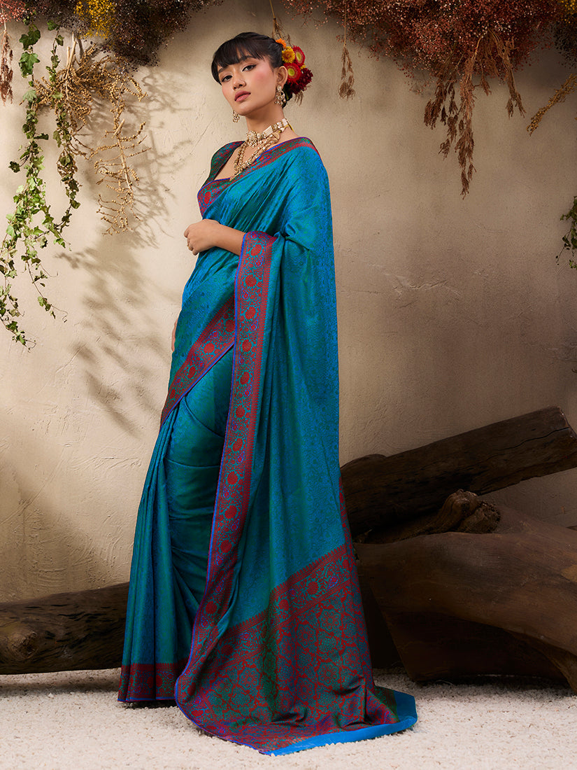 Monjolika Fashion Teal Blue woven Kanjivaram Silk Blend Saree - Distacart