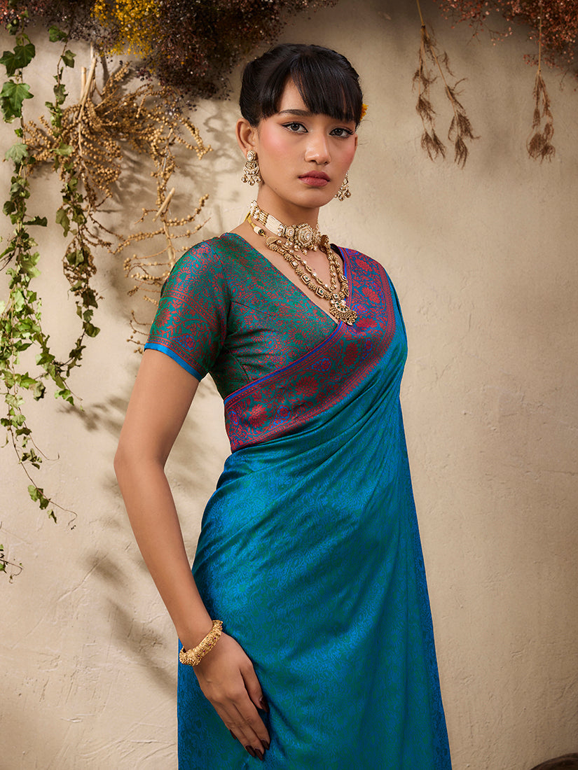 Monjolika Fashion Teal Blue woven Kanjivaram Silk Blend Saree - Distacart