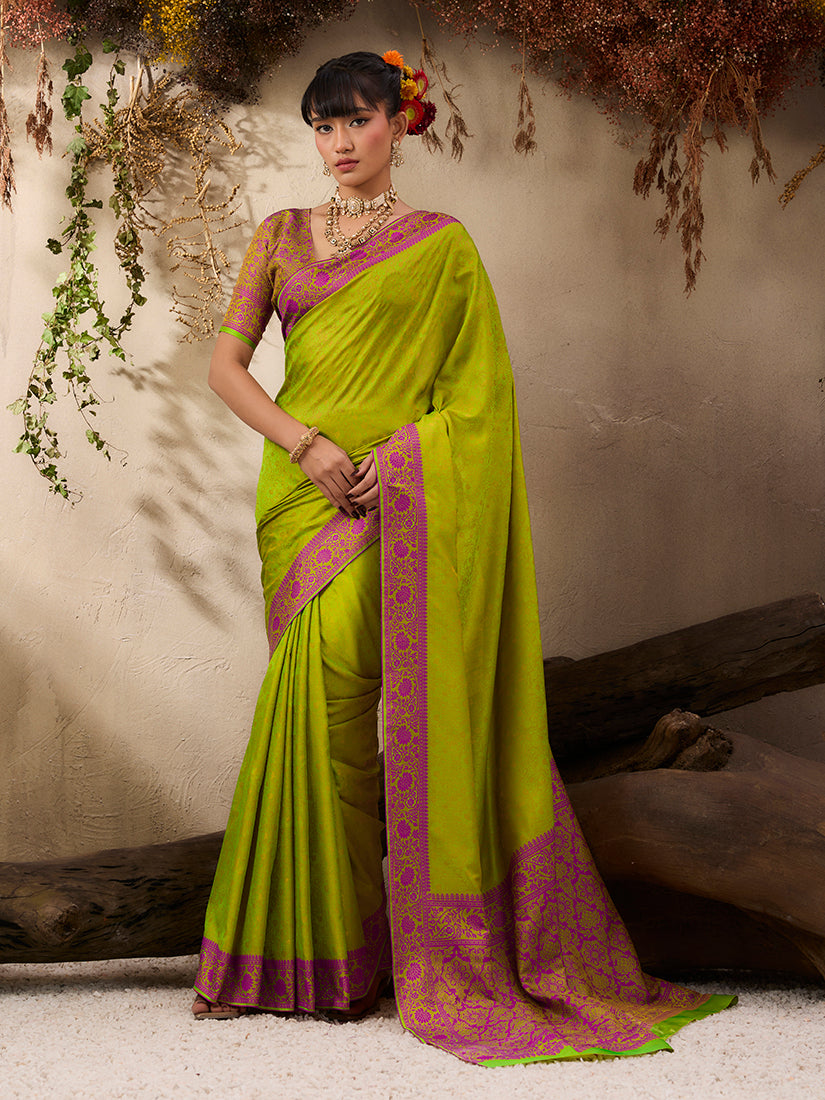 Monjolika Fashion Parrot Green woven Kanjivaram Silk Blend Saree - Distacart