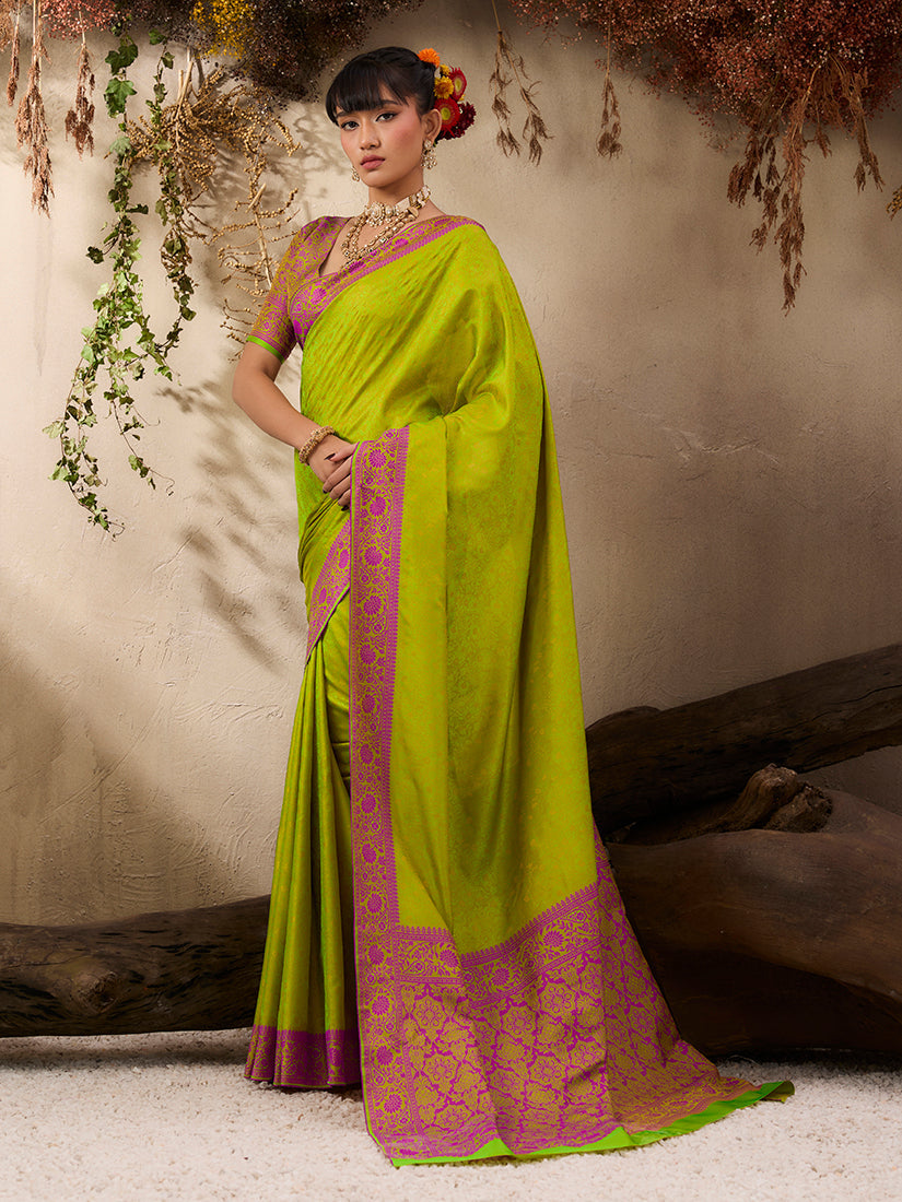 Monjolika Fashion Parrot Green woven Kanjivaram Silk Blend Saree - Distacart