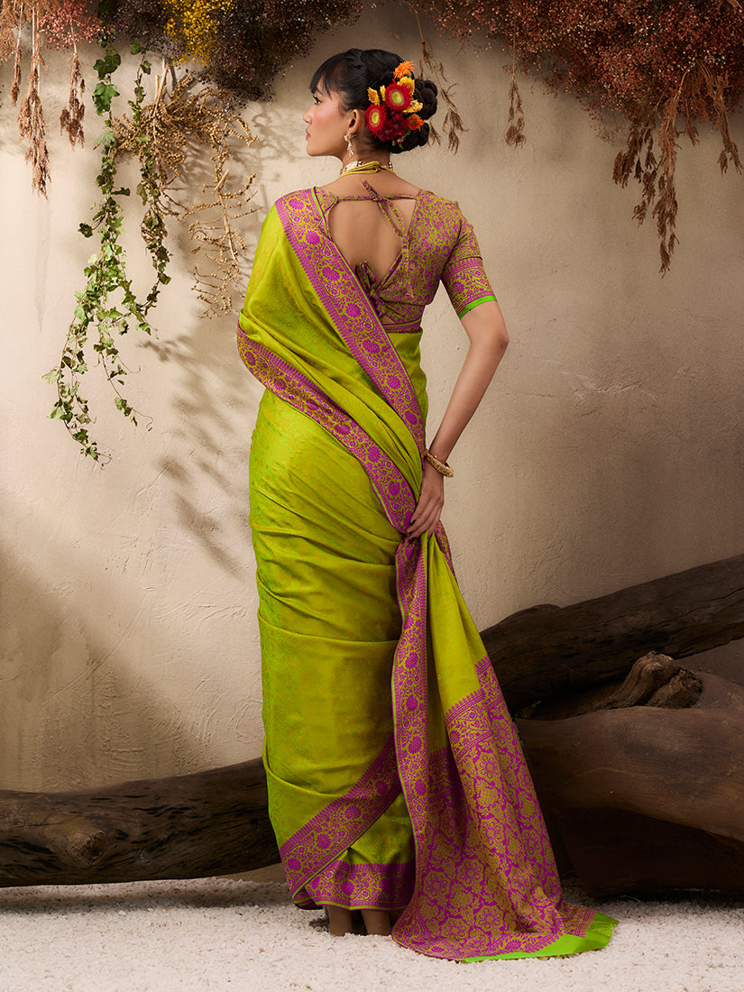 Monjolika Fashion Parrot Green woven Kanjivaram Silk Blend Saree - Distacart
