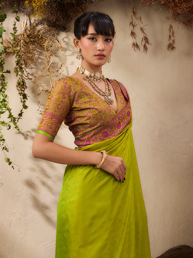 Monjolika Fashion Parrot Green woven Kanjivaram Silk Blend Saree - Distacart