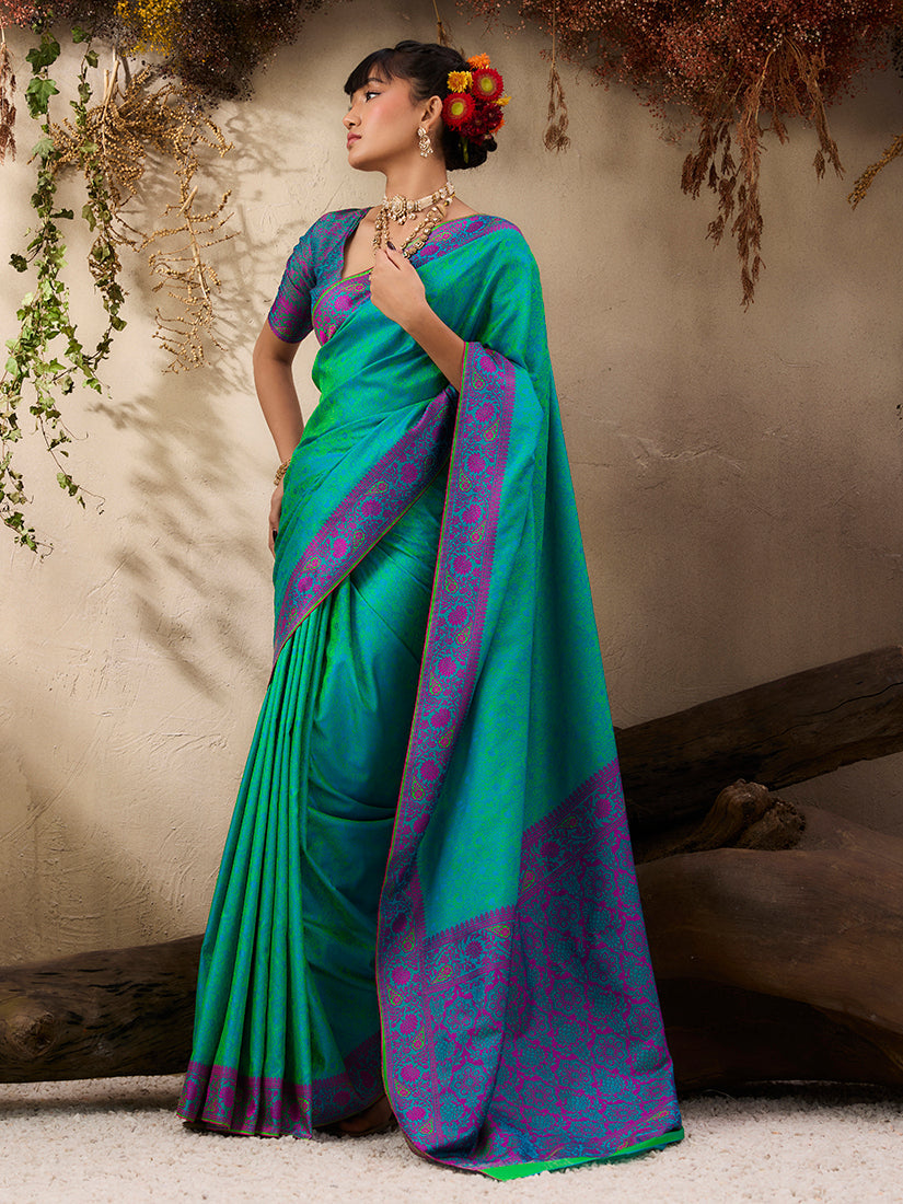 Monjolika Fashion Turquoise woven Kanjivaram Silk Blend Saree - Distacart