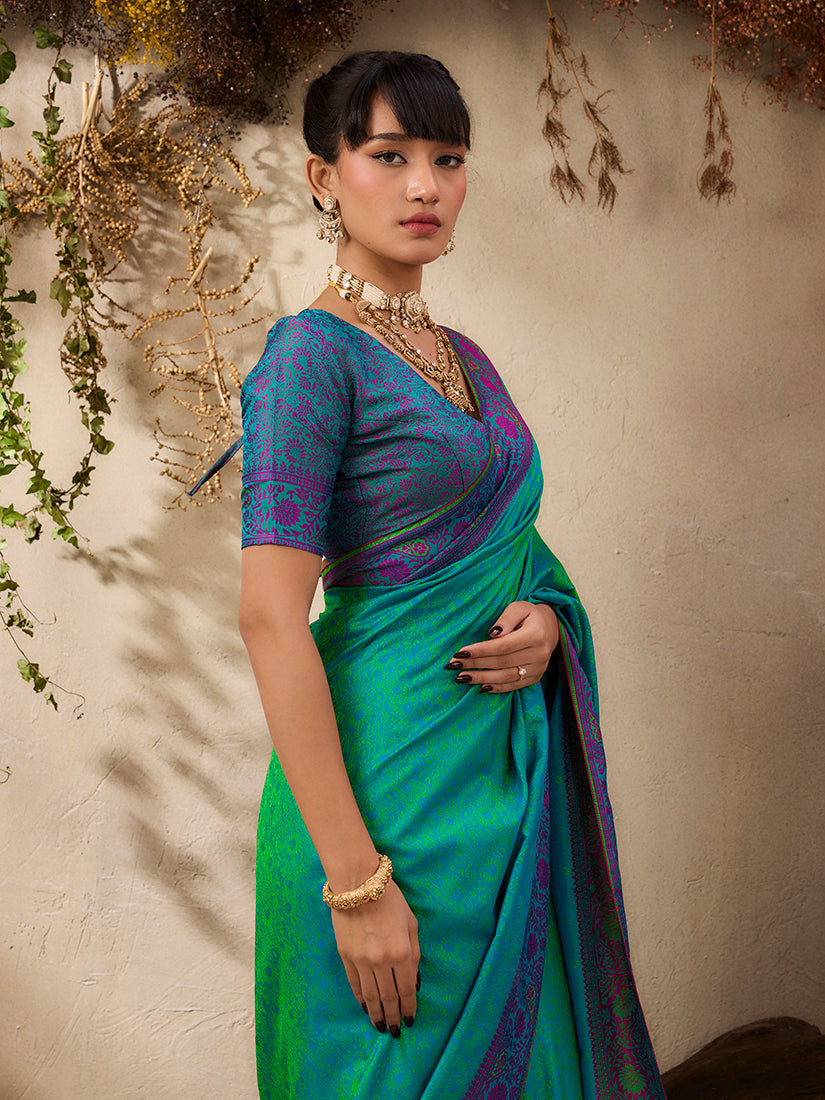 Monjolika Fashion Turquoise woven Kanjivaram Silk Blend Saree - Distacart