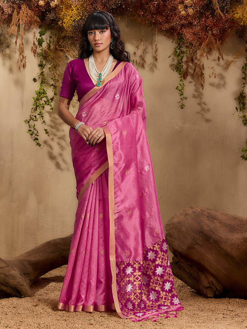 Monjolika Fashion Tussar Silk Blend woven Work Saree in Pink - Distacart