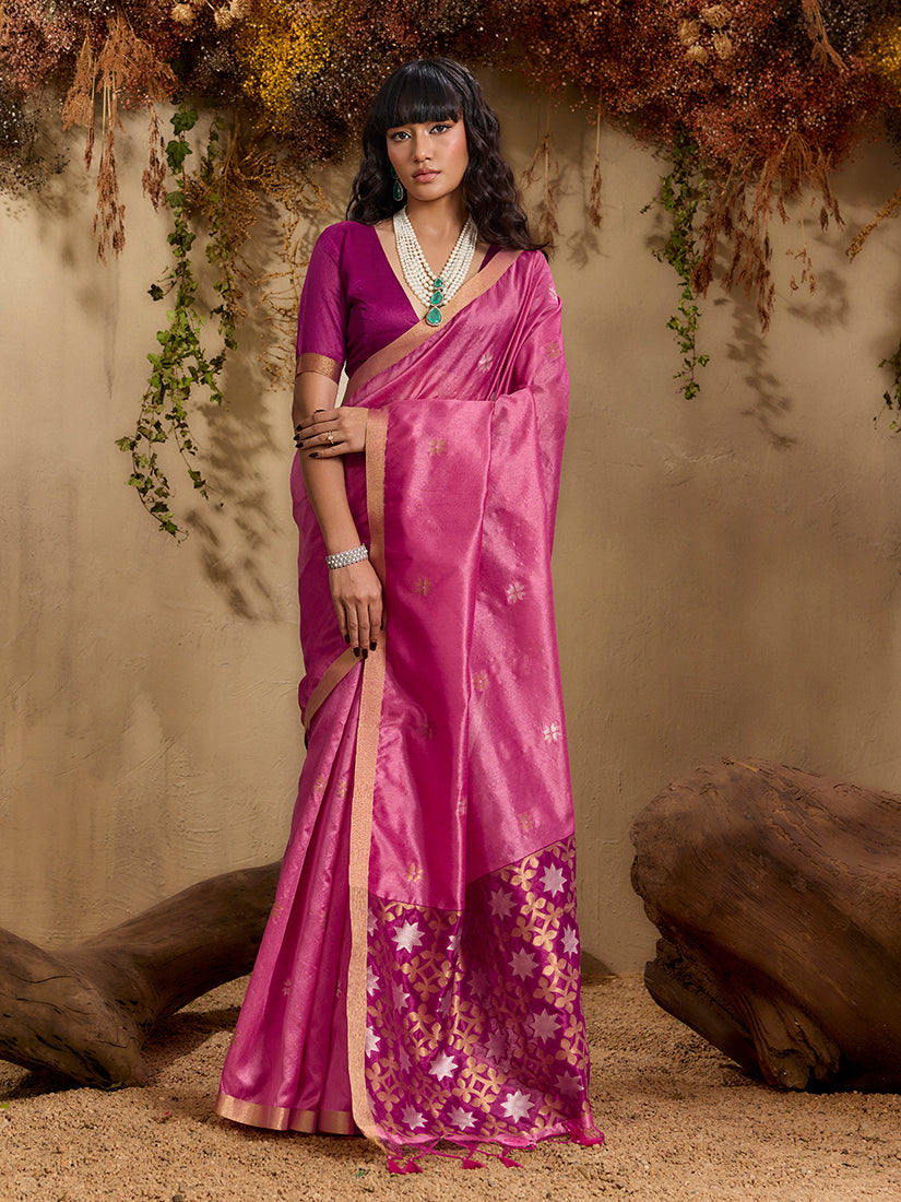 Monjolika Fashion Tussar Silk Blend woven Work Saree in Pink - Distacart