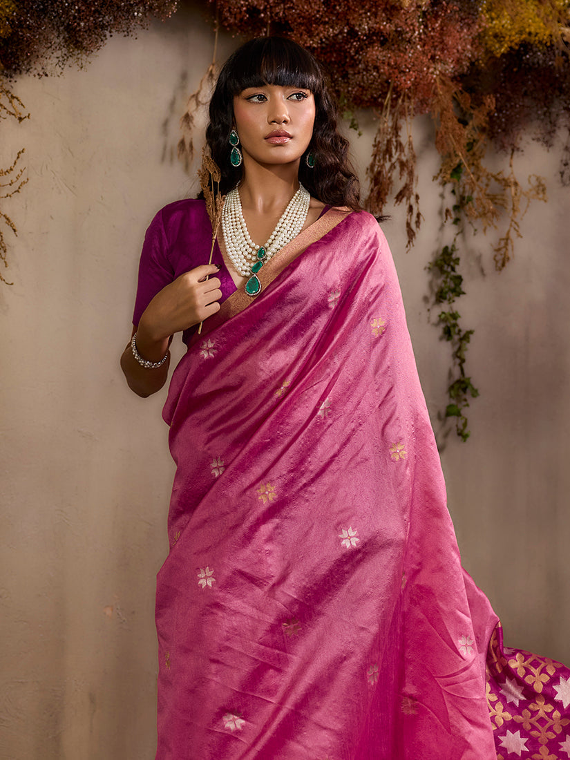 Monjolika Fashion Tussar Silk Blend woven Work Saree in Pink - Distacart